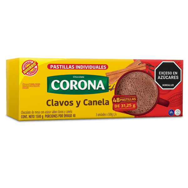 3pack Chocolate Corona sabor Clavos y Canela 500g